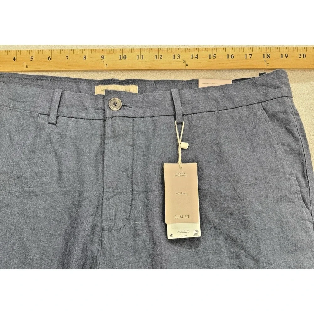 Mango MNG Sustainable Oyster Trouser‎ Men 38 Slim Fit Pants Linen Blue NWT